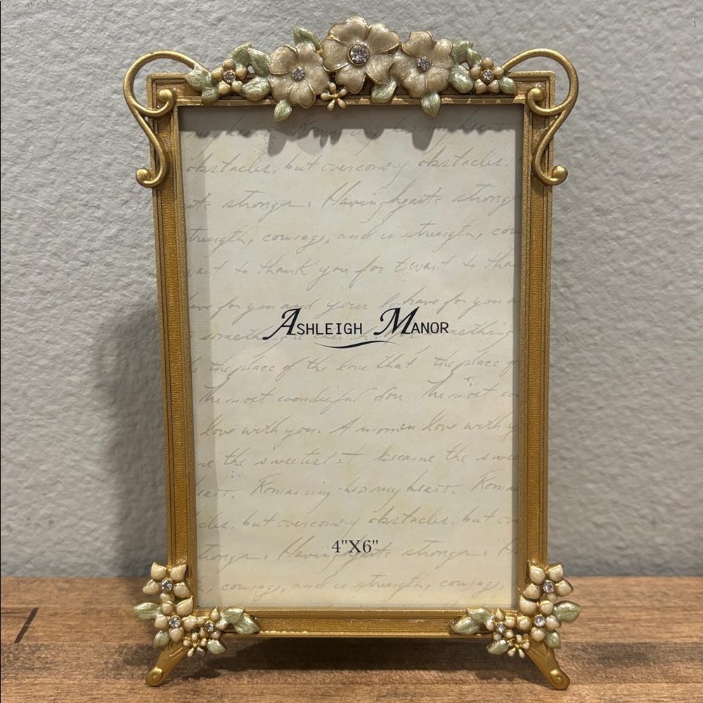 Ashleigh Manor ~ 4”x6” Gold Metal Floral Picture Frame with Rhinestones